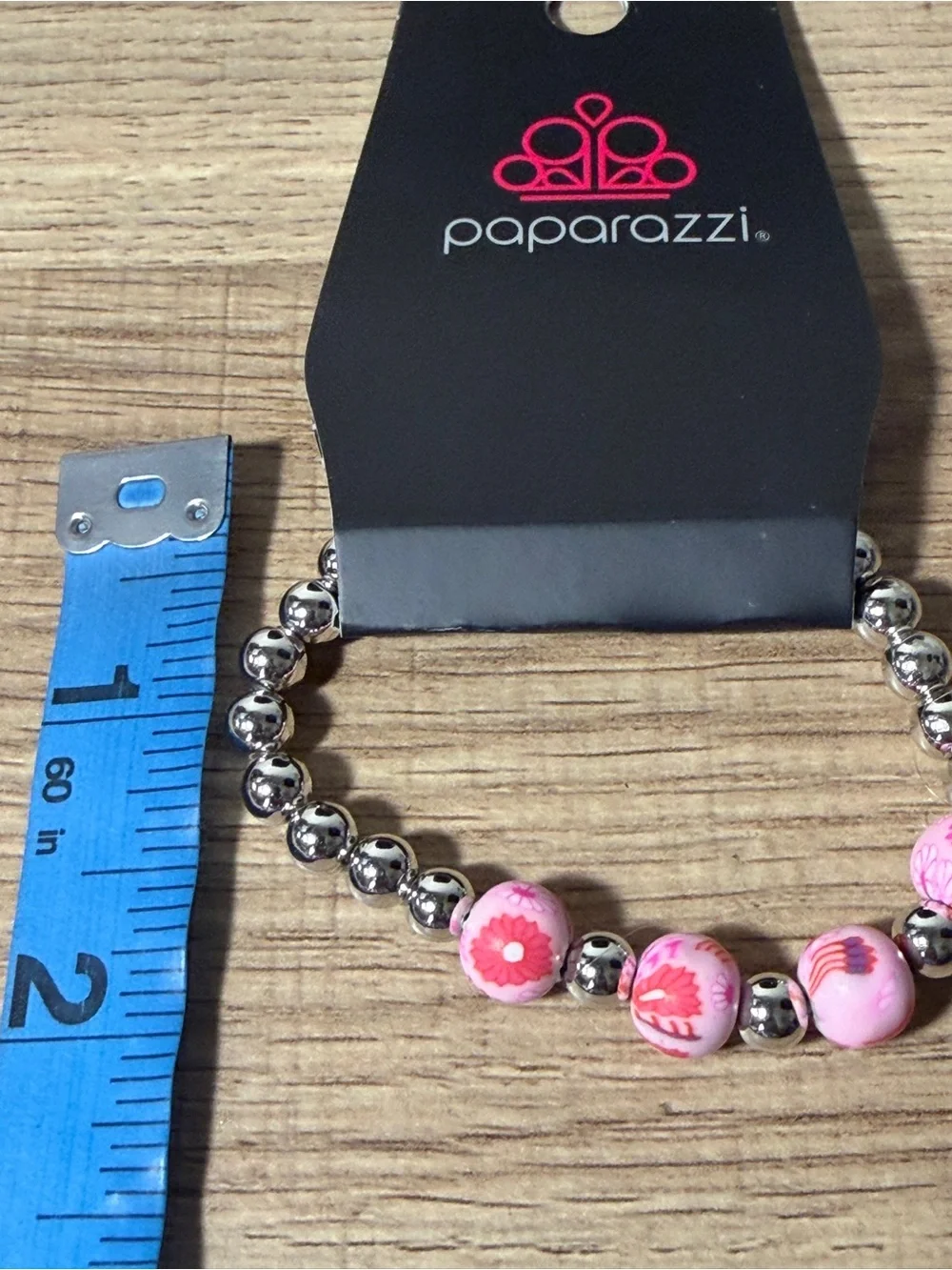paparazzi Pink Floral Stretch Bracelet with Silver Beads